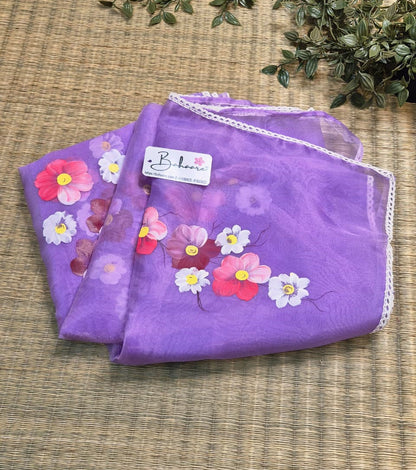Utsav | Lavender Organza Silk Saree with Flower Hand Painted Design