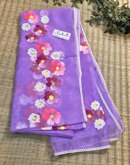Utsav | Lavender Organza Silk Saree with Flower Hand Painted Design