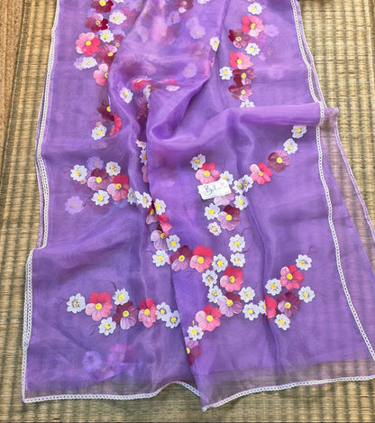 Utsav | Lavender Organza Silk Saree with Flower Hand Painted Design