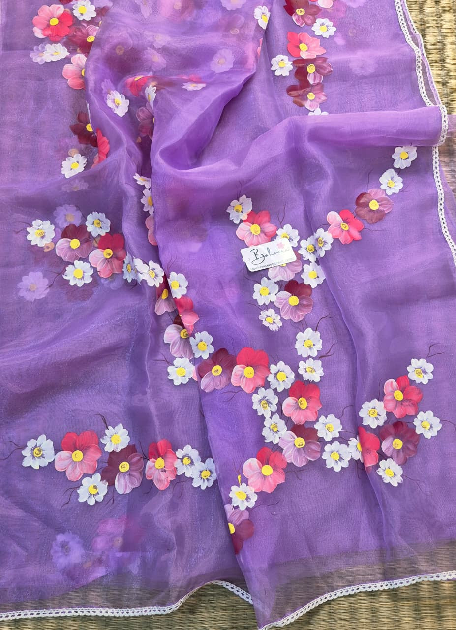 Utsav | Lavender Organza Silk Saree with Flower Hand Painted Design