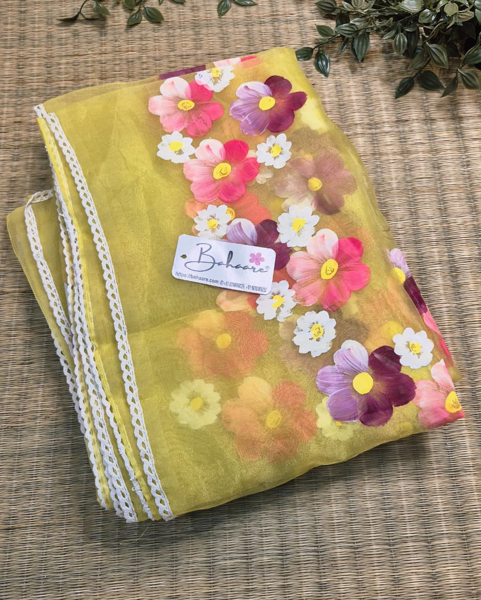 Utsav | Lemon Yellow Silk Saree with Flower Hand Painted Design