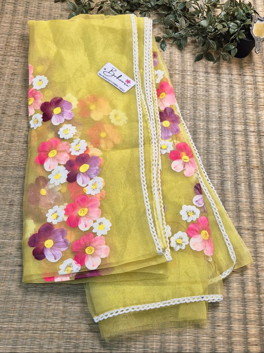 Utsav | Lemon Yellow Silk Saree with Flower Hand Painted Design