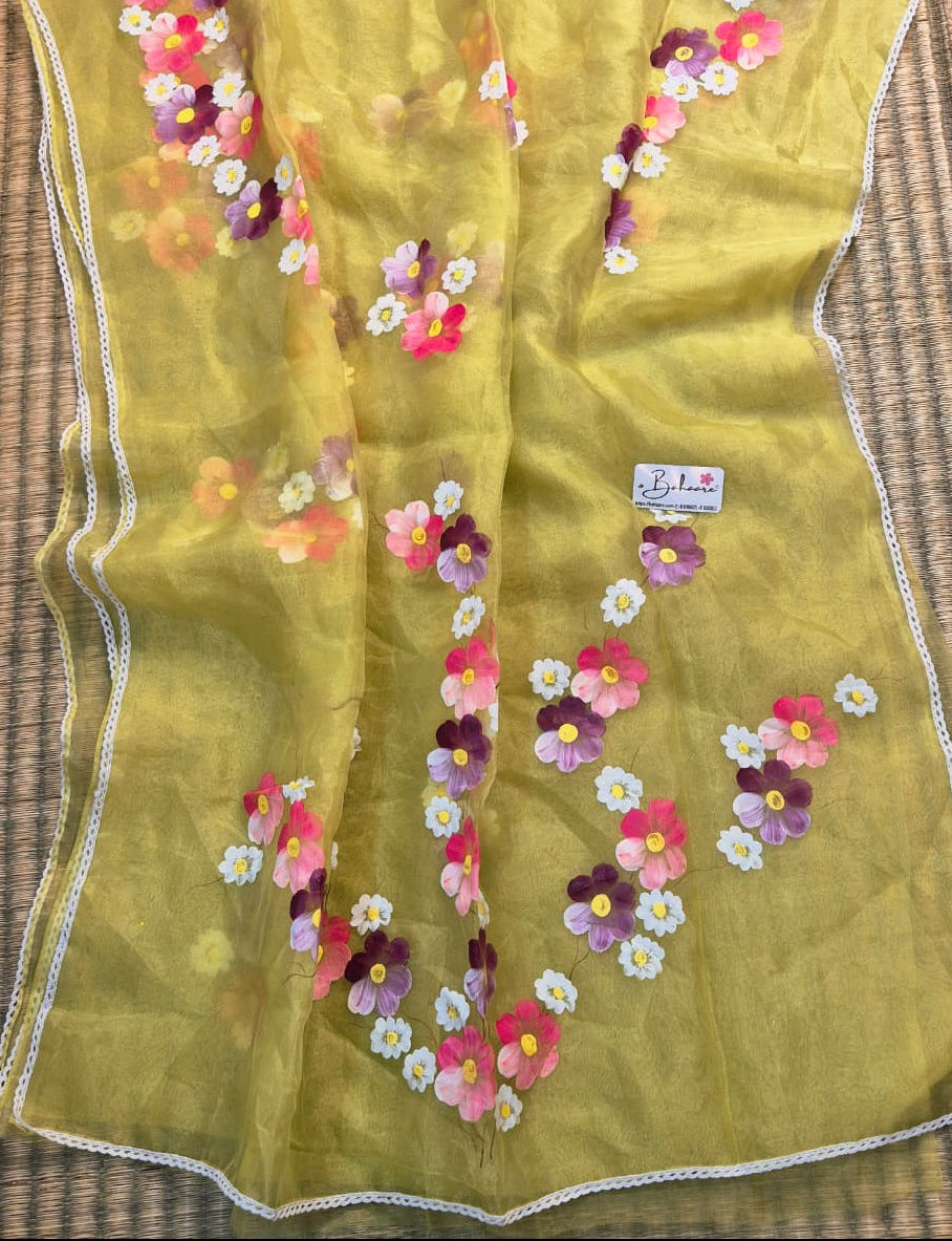 Utsav | Lemon Yellow Silk Saree with Flower Hand Painted Design