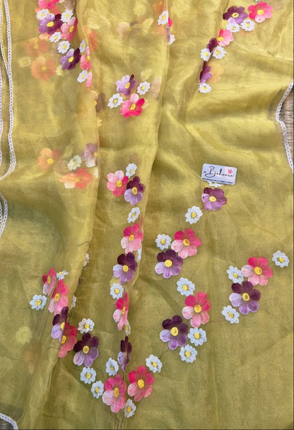 Utsav | Lemon Yellow Silk Saree with Flower Hand Painted Design
