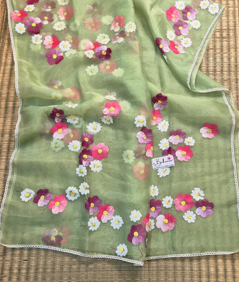 Utsav | Light Olive Organza Silk Saree with Flower Hand Painted Design