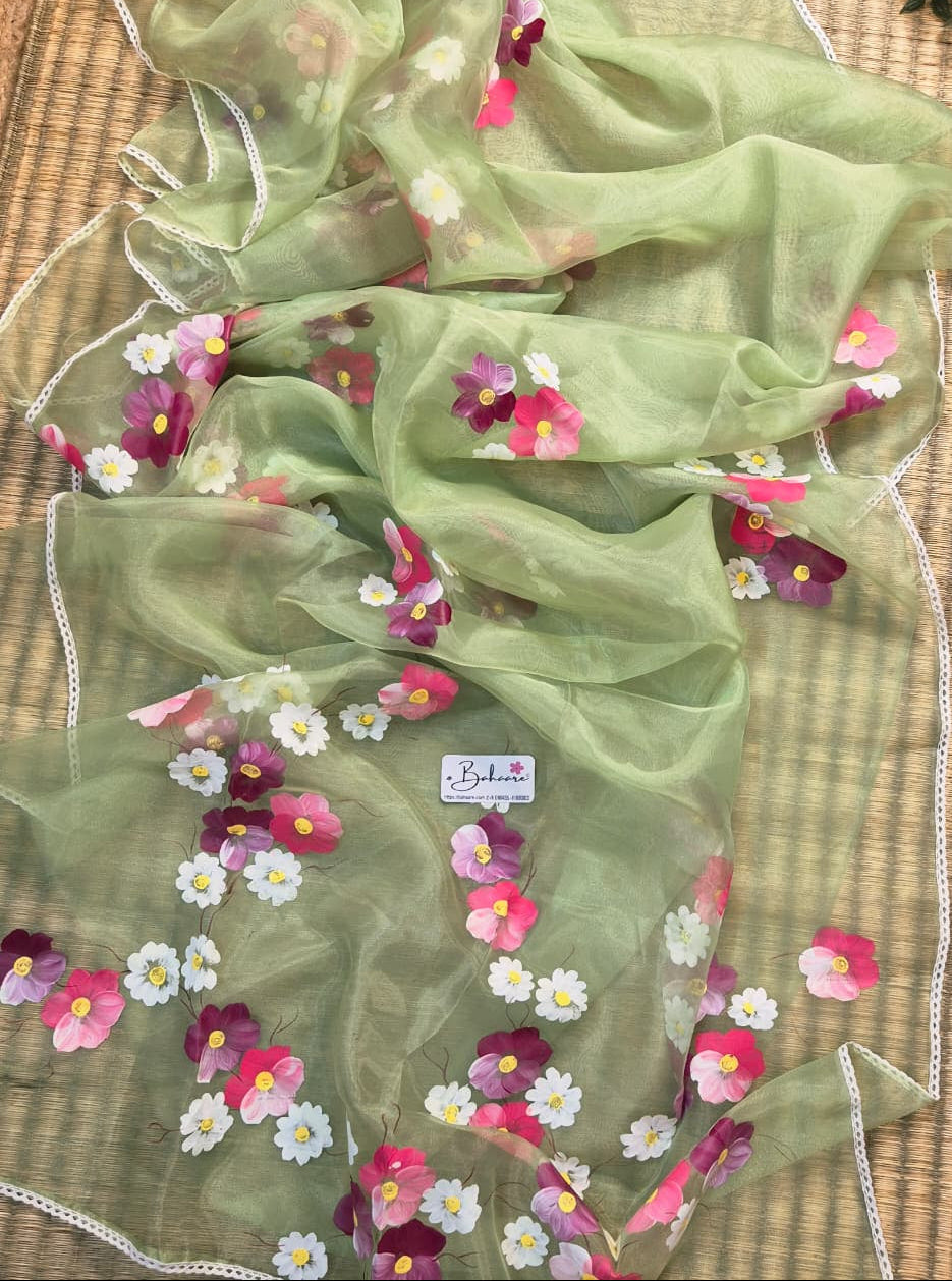 Utsav | Light Olive Organza Silk Saree with Flower Hand Painted Design