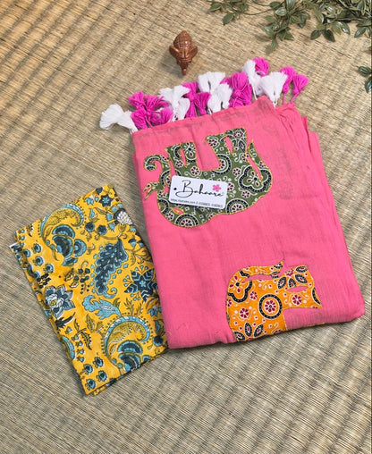 Cotton Galleria | Flamingo Pink Cotton Saree with Multicoloured Patchwork Pallu