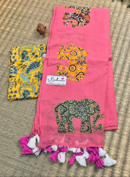 Cotton Galleria | Flamingo Pink Cotton Saree with Multicoloured Patchwork Pallu