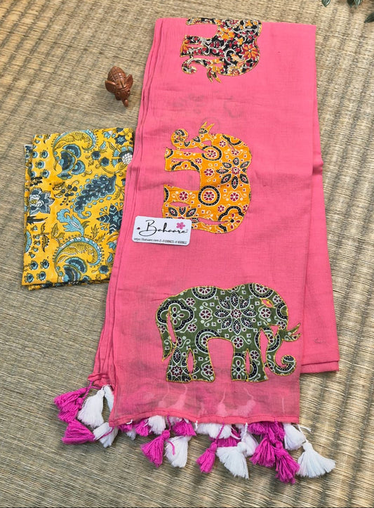 Cotton Galleria | Flamingo Pink Cotton Saree with Multicoloured Patchwork Pallu