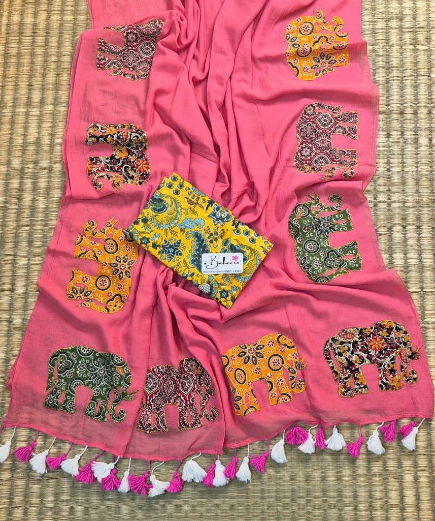 Cotton Galleria | Flamingo Pink Cotton Saree with Multicoloured Patchwork Pallu