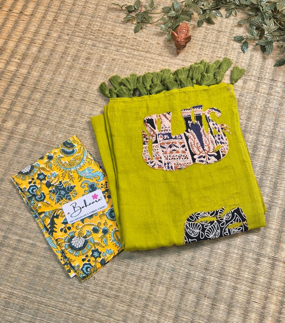 Cotton Galleria | Mehndi Green Cotton Saree with Multicoloured Patchwork Pallu