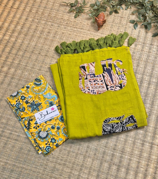 Cotton Galleria | Mehndi Green Cotton Saree with Multicoloured Patchwork Pallu