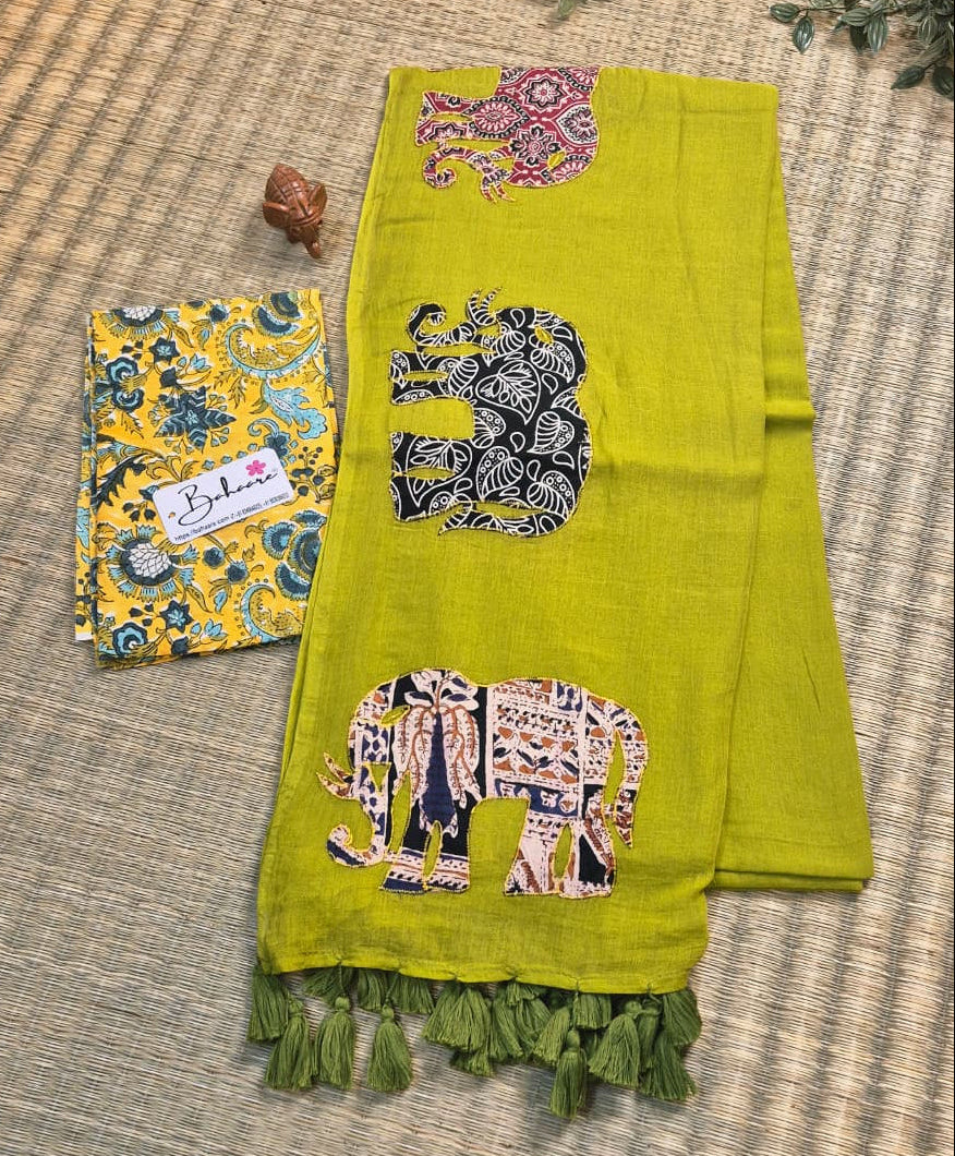 Cotton Galleria | Mehndi Green Cotton Saree with Multicoloured Patchwork Pallu