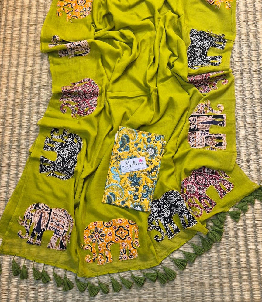 Cotton Galleria | Mehndi Green Cotton Saree with Multicoloured Patchwork Pallu