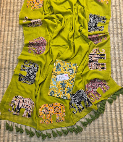 Cotton Galleria | Mehndi Green Cotton Saree with Multicoloured Patchwork Pallu