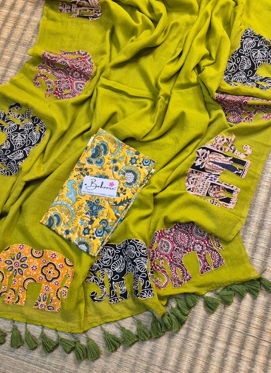 Cotton Galleria | Mehndi Green Cotton Saree with Multicoloured Patchwork Pallu