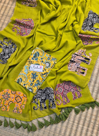 Cotton Galleria | Mehndi Green Cotton Saree with Multicoloured Patchwork Pallu