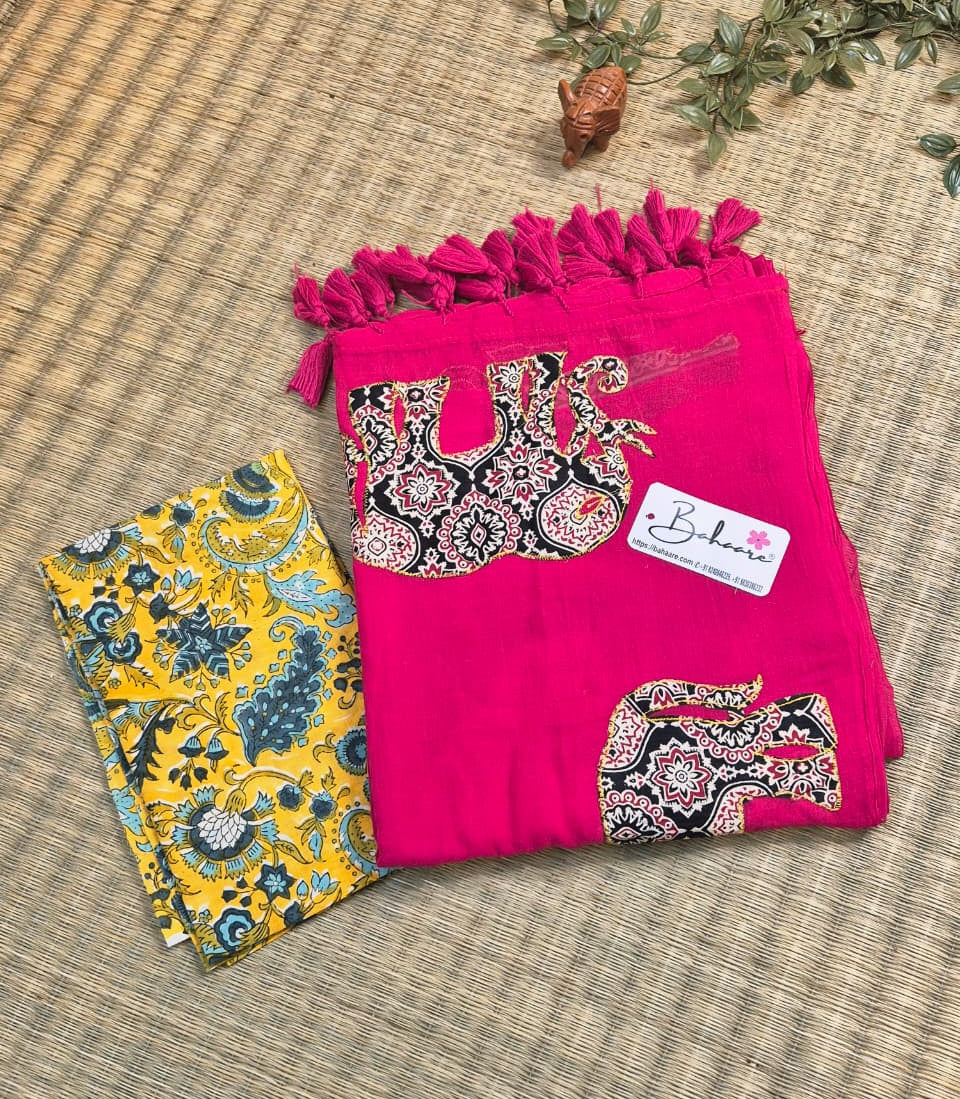 Cotton Galleria | Deep Rani Pink Cotton Saree with Multicoloured Patchwork Pallu