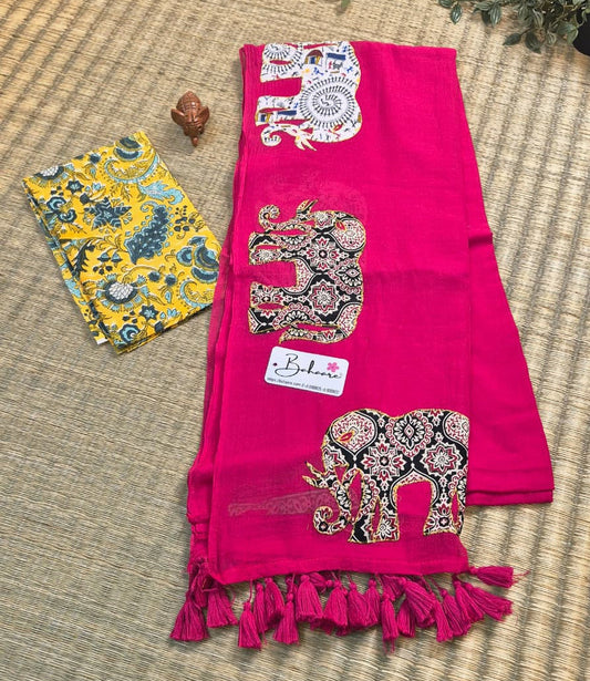 Cotton Galleria | Deep Rani Pink Cotton Saree with Multicoloured Patchwork Pallu
