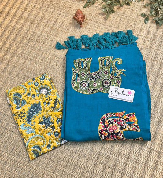 Cotton Galleria | Mor Pankh Green Cotton Saree with Multicoloured Patchwork Pallu