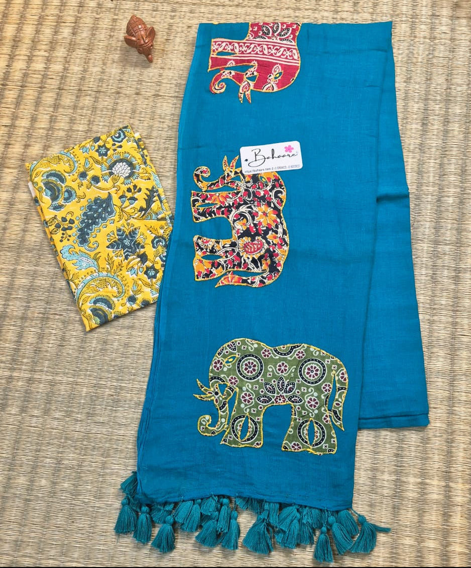 Cotton Galleria | Mor Pankh Green Cotton Saree with Multicoloured Patchwork Pallu