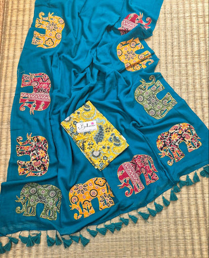 Cotton Galleria | Mor Pankh Green Cotton Saree with Multicoloured Patchwork Pallu