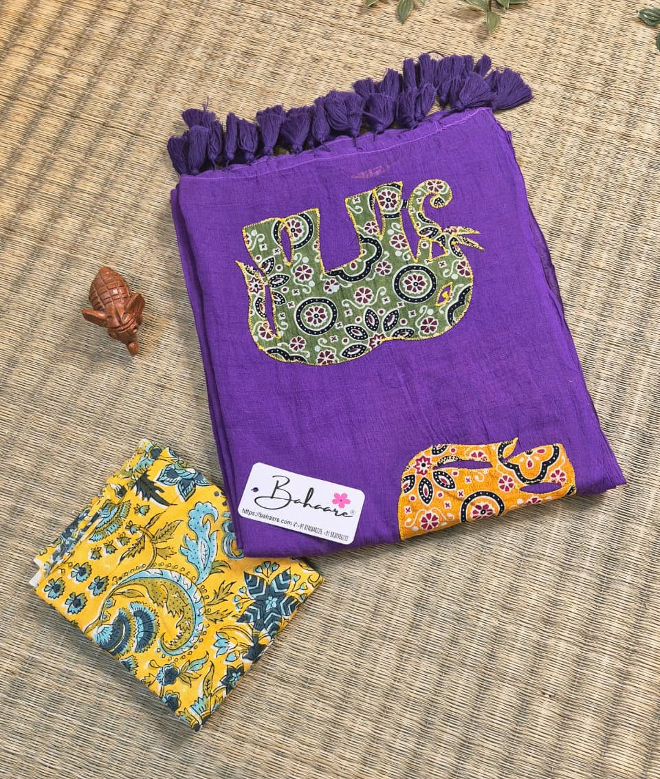 Cotton Galleria | Royal Purple Green Cotton Saree with Multicoloured Patchwork Pallu