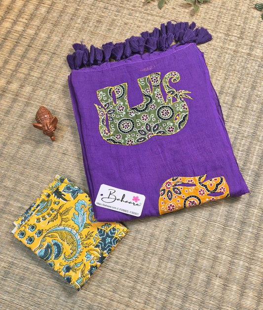 Cotton Galleria | Royal Purple Green Cotton Saree with Multicoloured Patchwork Pallu