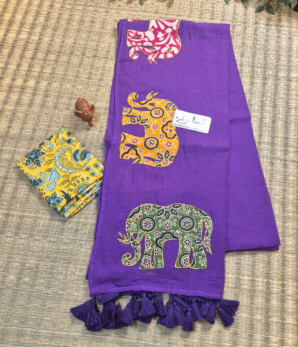 Cotton Galleria | Royal Purple Green Cotton Saree with Multicoloured Patchwork Pallu