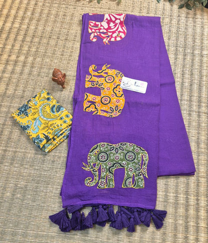 Cotton Galleria | Royal Purple Green Cotton Saree with Multicoloured Patchwork Pallu