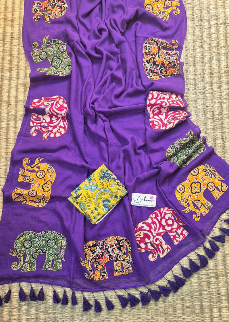 Cotton Galleria | Royal Purple Green Cotton Saree with Multicoloured Patchwork Pallu