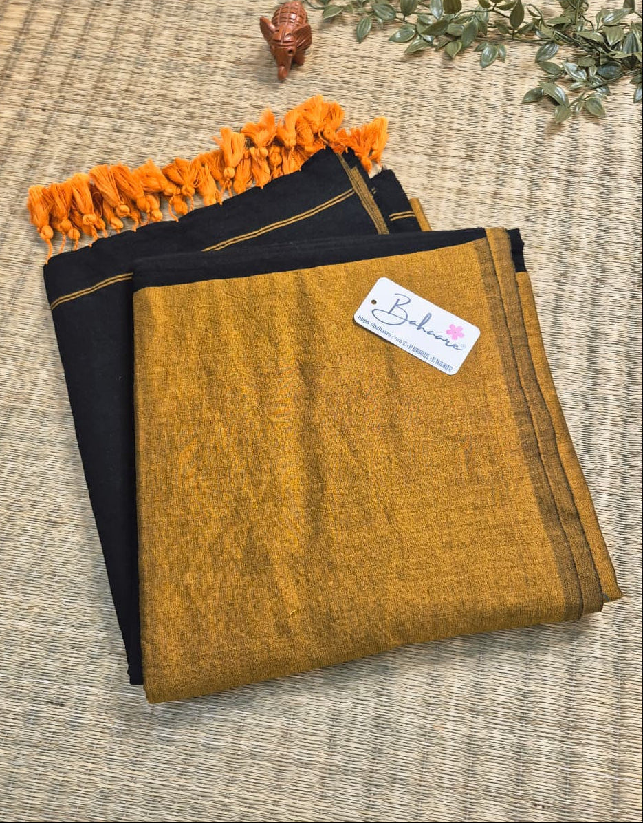 Cotton Galleria | Dark Black and Golden Yellow Acrylic Cotton Saree with Zari Pallu