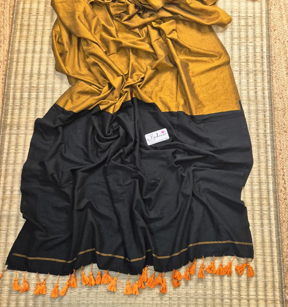 Cotton Galleria | Dark Black and Golden Yellow Acrylic Cotton Saree with Zari Pallu