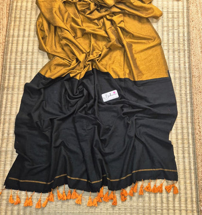 Cotton Galleria | Dark Black and Golden Yellow Acrylic Cotton Saree with Zari Pallu