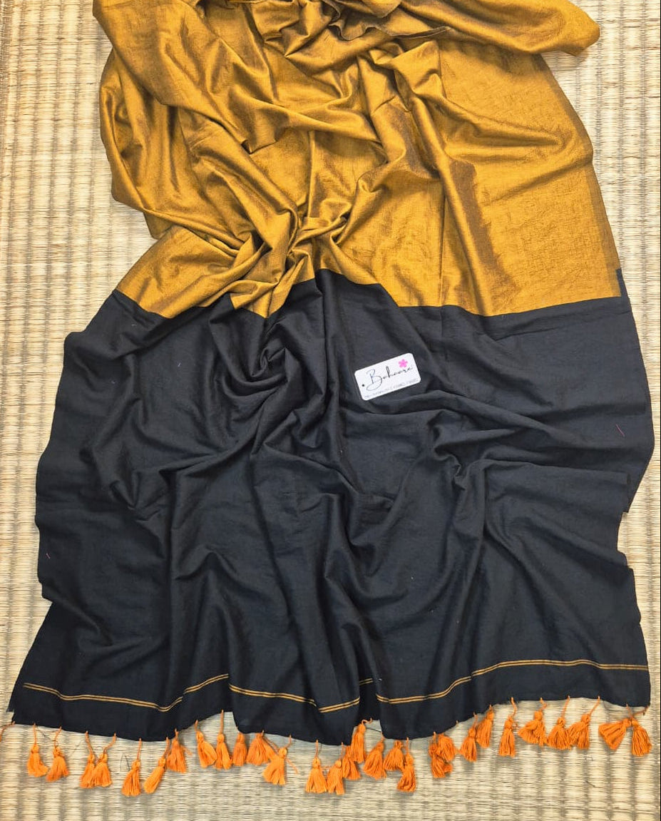 Cotton Galleria | Dark Black and Golden Yellow Acrylic Cotton Saree with Zari Pallu