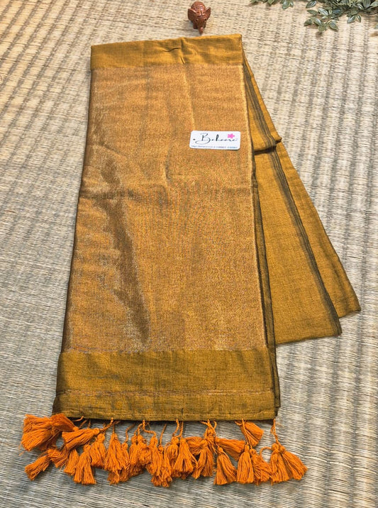 Cotton Galleria | Metallic Gold Acrylic Cotton Saree with Zari Pallu