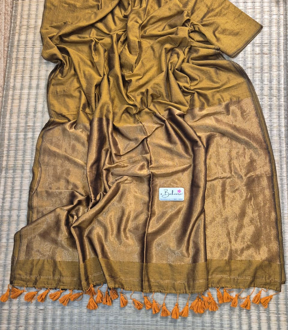 Cotton Galleria | Metallic Gold Acrylic Cotton Saree with Zari Pallu