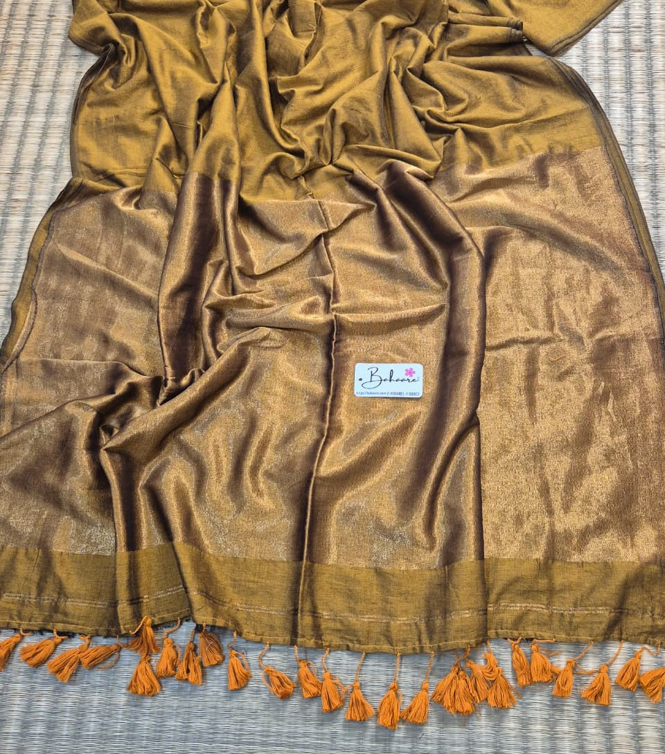 Cotton Galleria | Metallic Gold Acrylic Cotton Saree with Zari Pallu