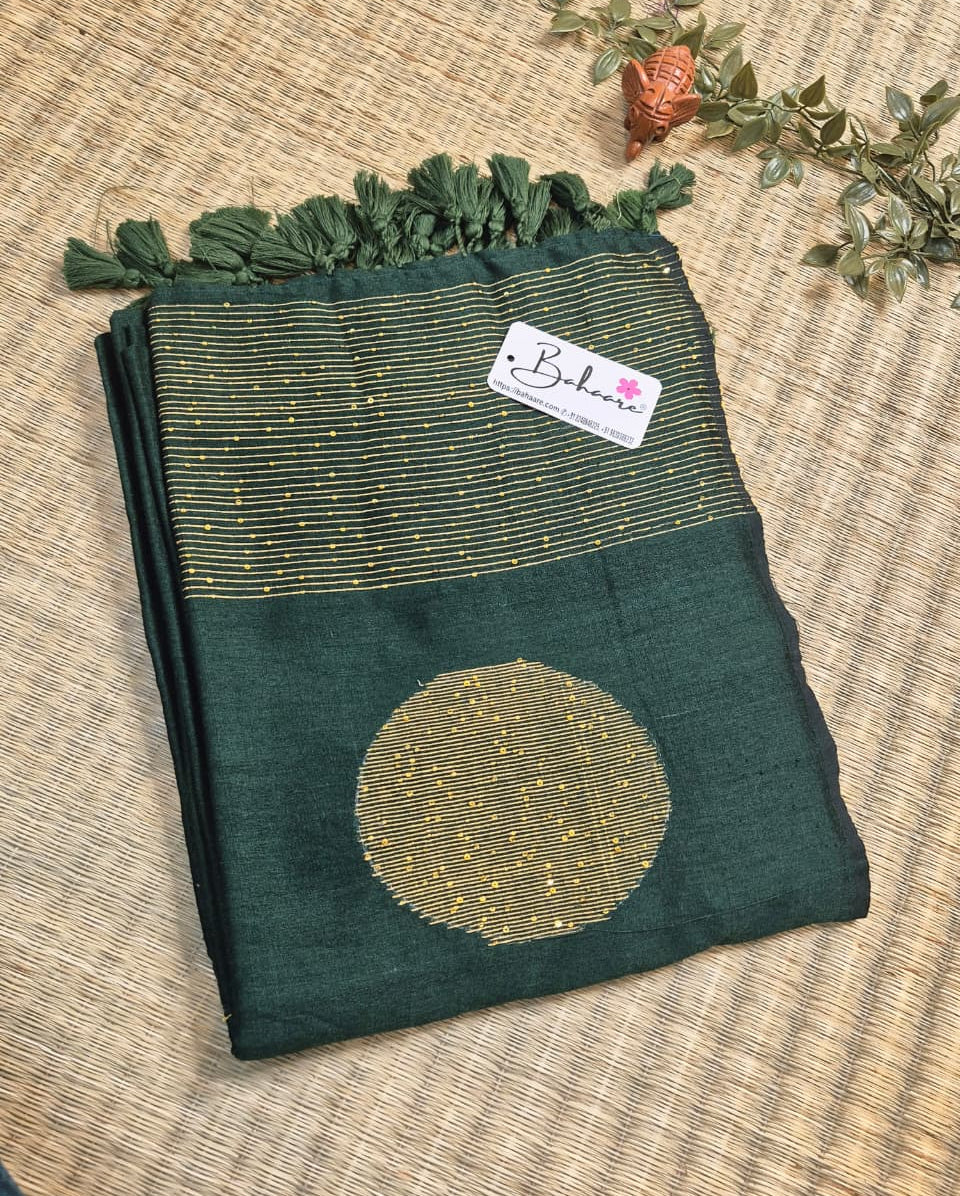 Cotton Galleria | Emerald Green Acrylic Cotton Saree with Sequence Pallu