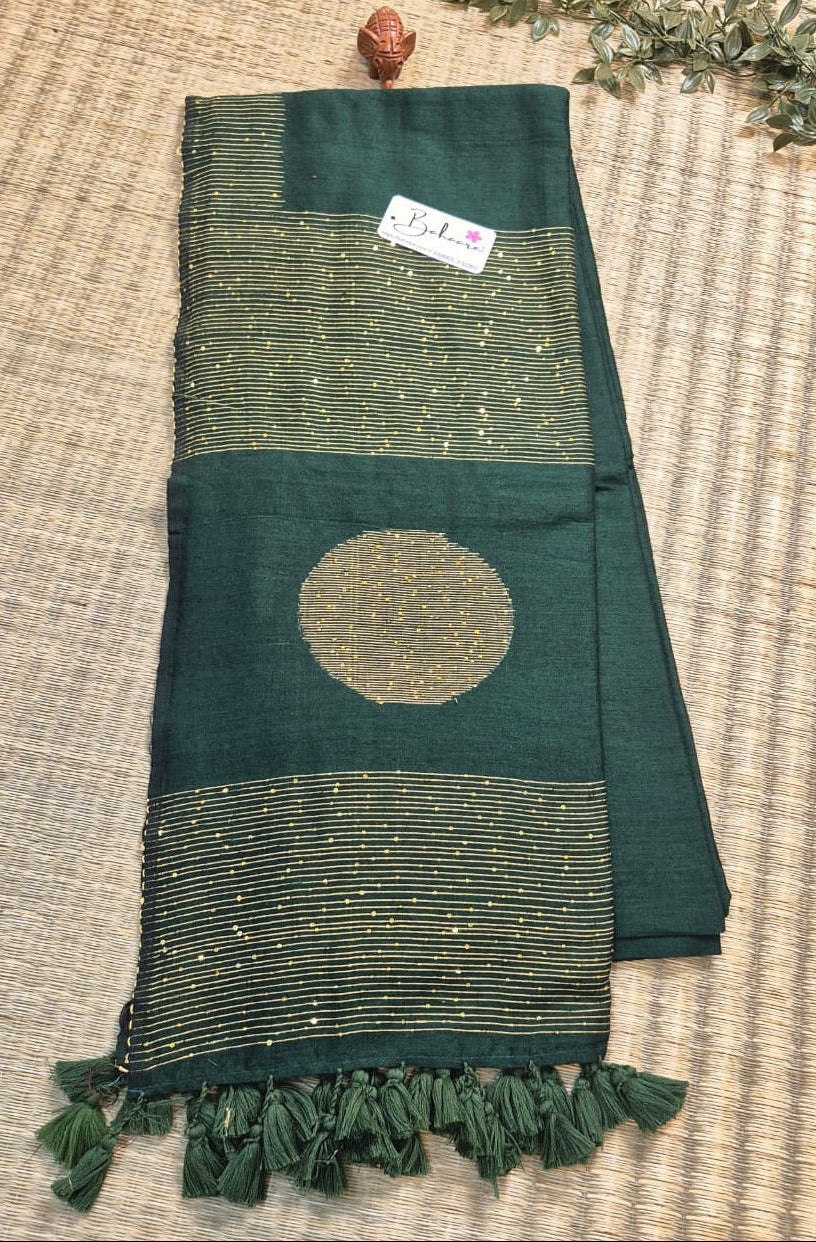 Cotton Galleria | Emerald Green Acrylic Cotton Saree with Sequence Pallu