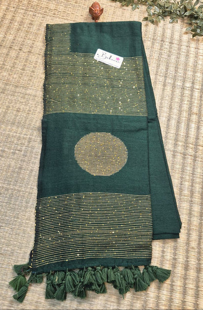 Cotton Galleria | Emerald Green Acrylic Cotton Saree with Sequence Pallu