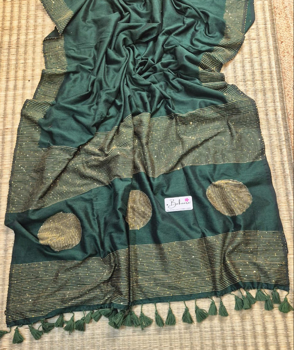 Cotton Galleria | Emerald Green Acrylic Cotton Saree with Sequence Pallu
