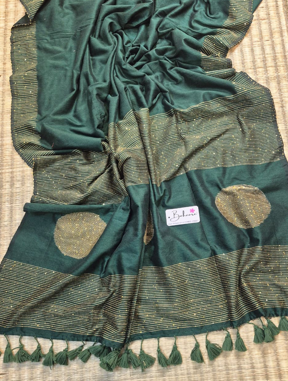Cotton Galleria | Emerald Green Acrylic Cotton Saree with Sequence Pallu