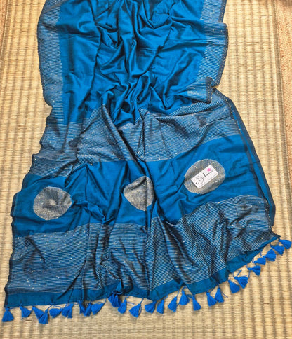 Cotton Galleria | Peacock Blue Acrylic Cotton Saree with Sequence Pallu
