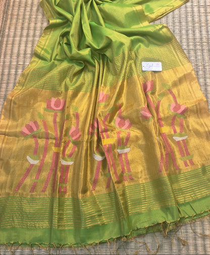 Springtime Serenity | Lime Parrot Green Tissue Linen Saree with Paithani Motif