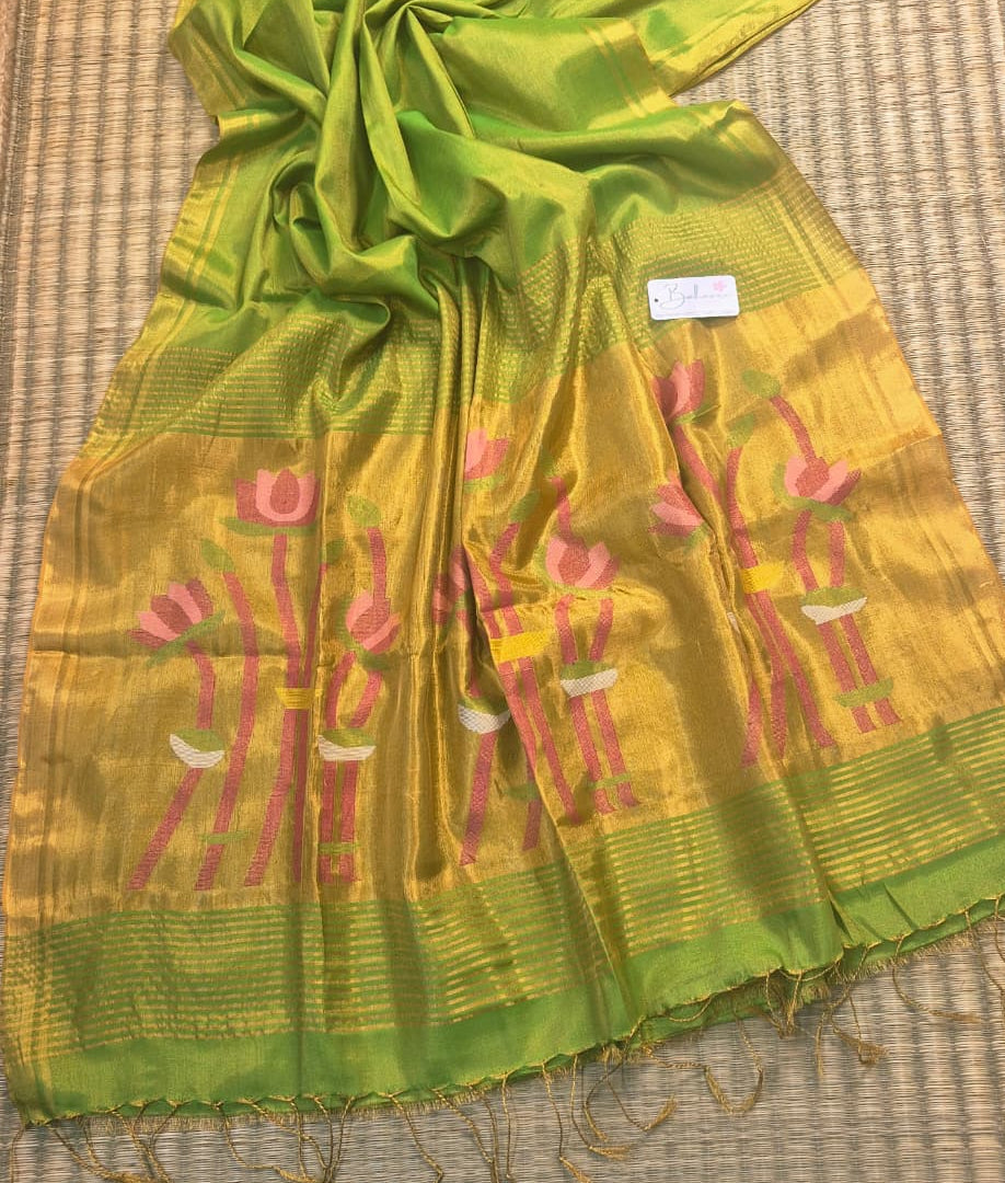 Springtime Serenity | Lime Parrot Green Tissue Linen Saree with Paithani Motif