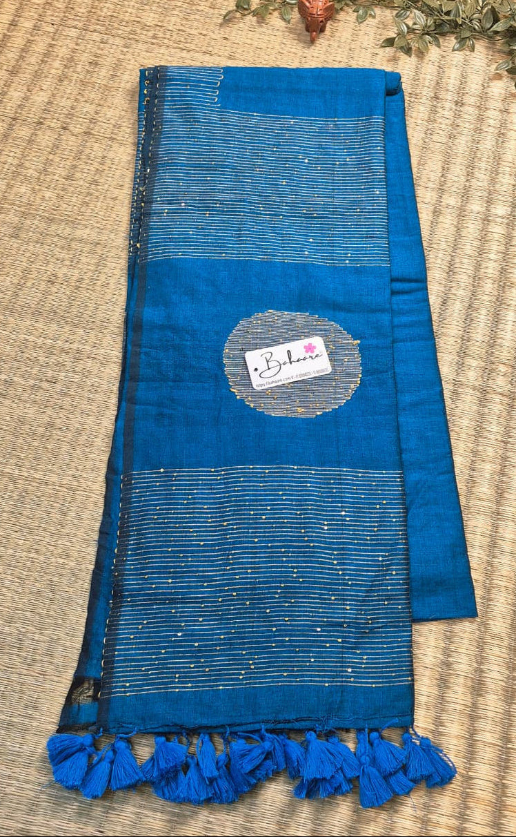 Cotton Galleria | Peacock Blue Acrylic Cotton Saree with Sequence Pallu