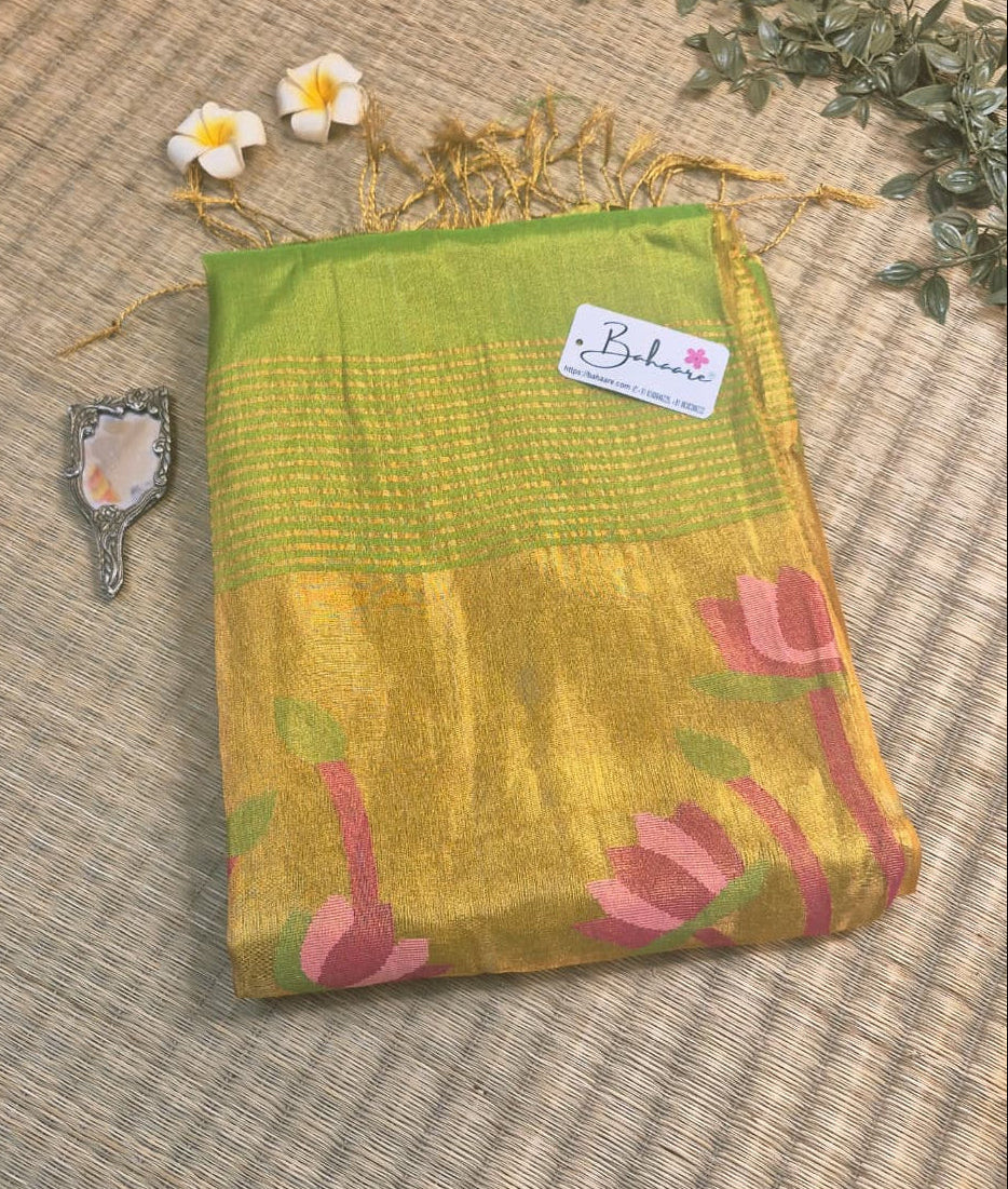 Springtime Serenity | Lime Parrot Green Tissue Linen Saree with Paithani Motif