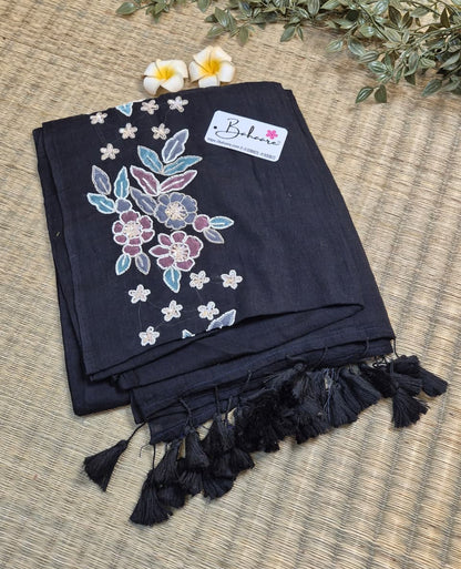 Mohini | Cosmic Black Mul Mul Cotton Saree with Handcrafted Moti Work on Front Top Part