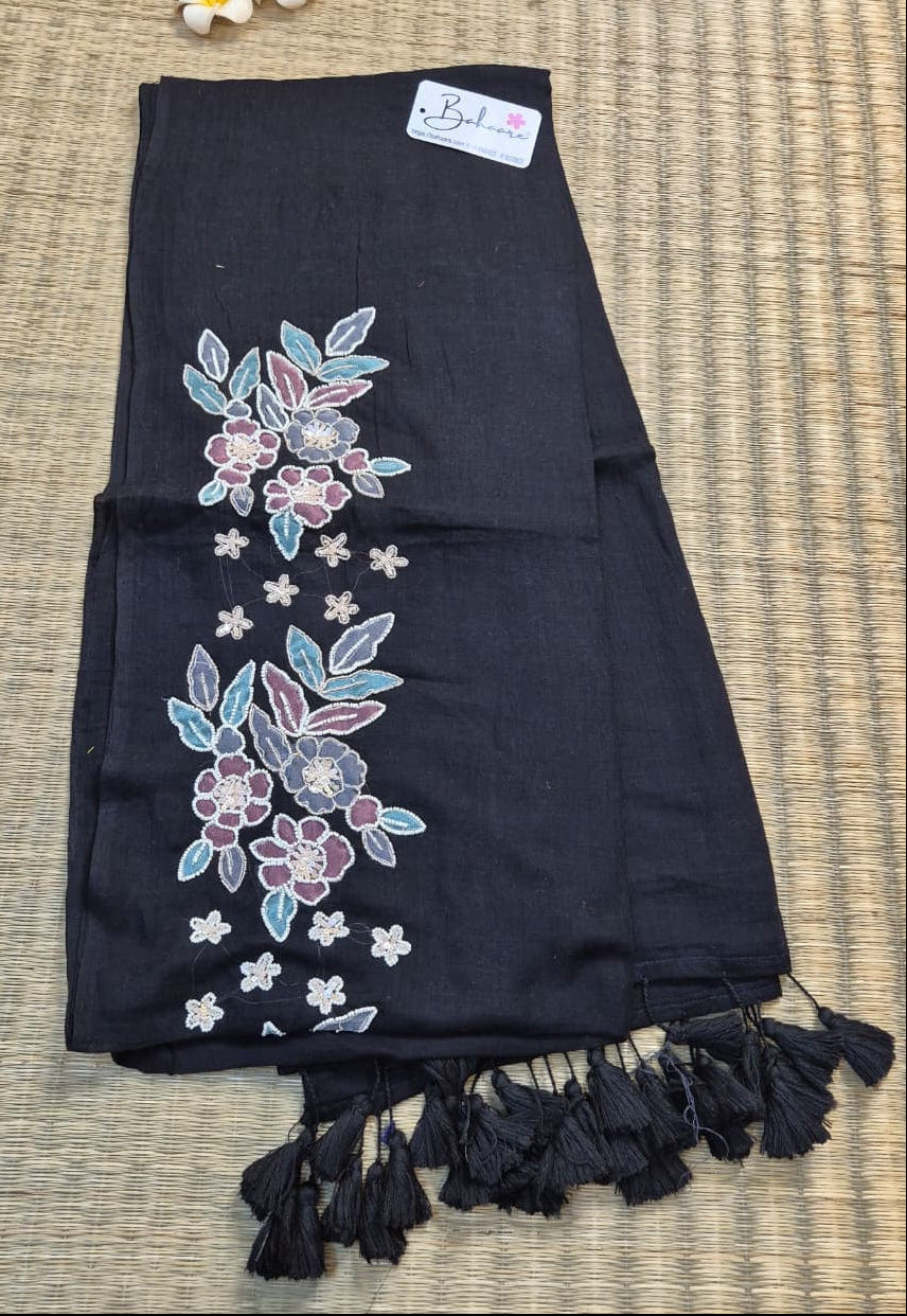 Mohini | Cosmic Black Mul Mul Cotton Saree with Handcrafted Moti Work on Front Top Part